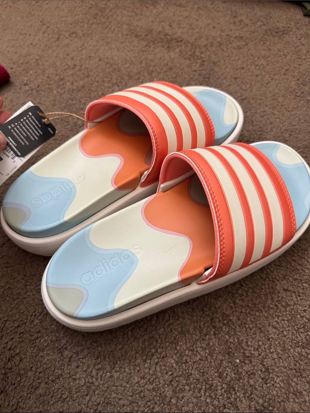 adidas Coral and White Striped Slide Sandals - Picture 3 of 5